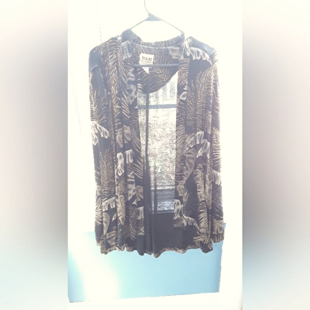 Black jacket with taupe leaves and metallic gold detailing.  Size 18.